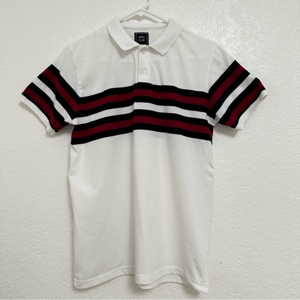 Classic White Polo with Black and Red Stripes